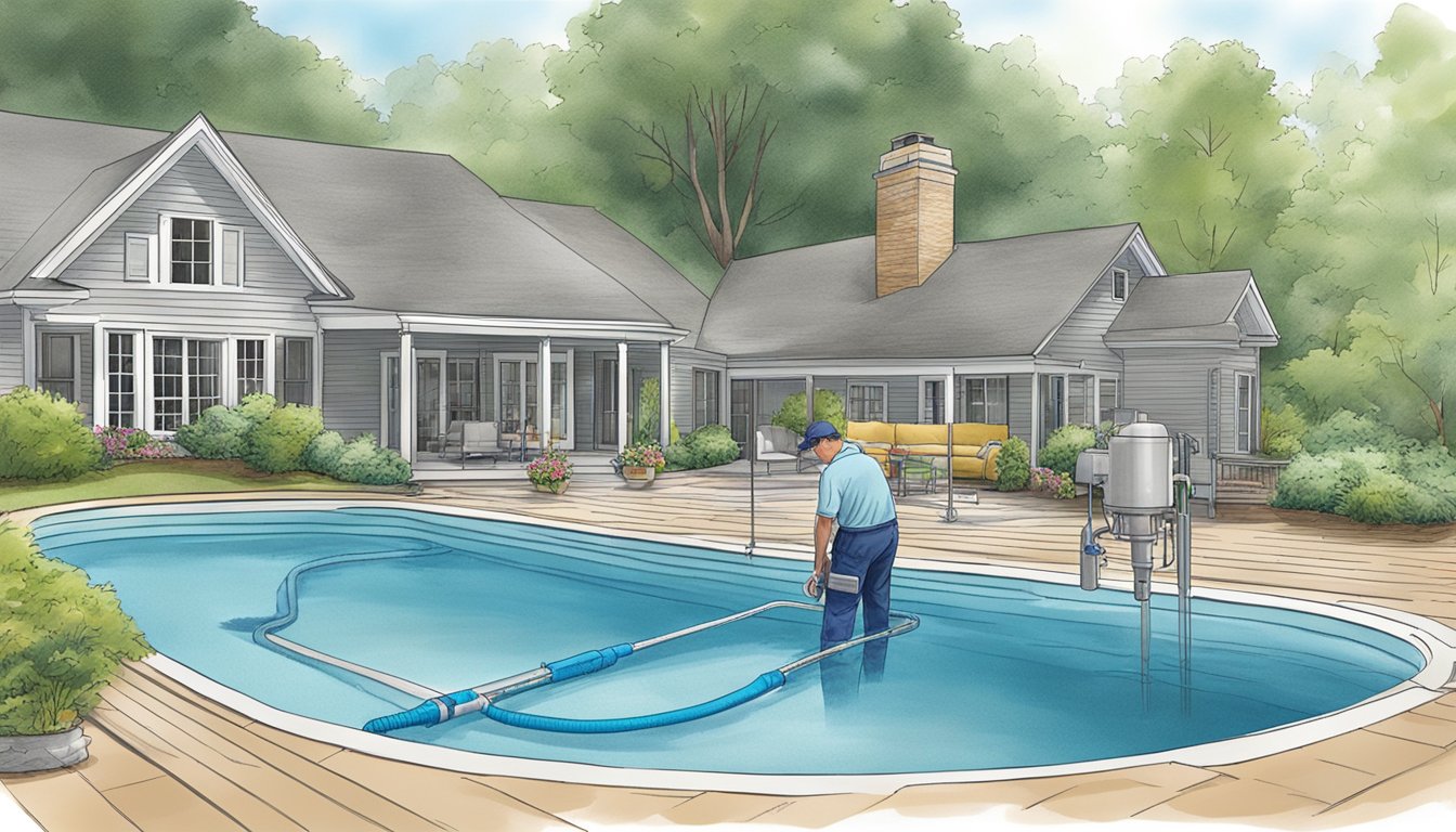 A technician using specialized equipment to detect leaks in a pristine backyard pool in Adelphi, Virginia