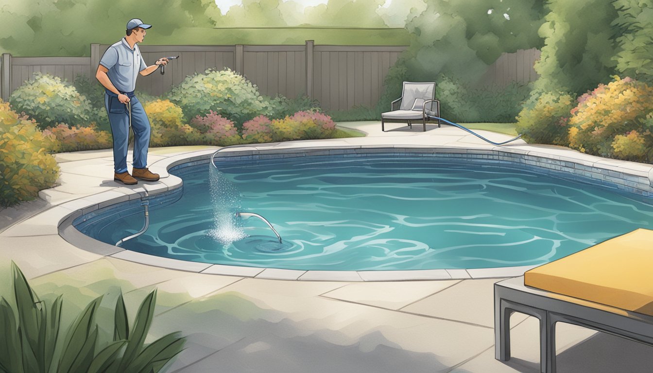 A technician uses a specialized tool to inspect the pool's surface for signs of leaks in a serene backyard setting
