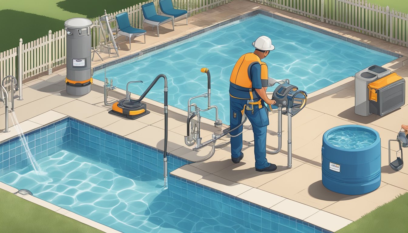 A technician using specialized equipment to inspect a pool for leaks, surrounded by various pool maintenance tools and equipment
