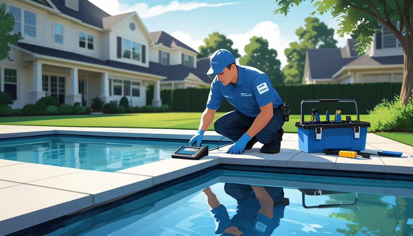 A technician inspecting a swimming pool for leaks in a residential backyard with clear water and surrounding greenery.
