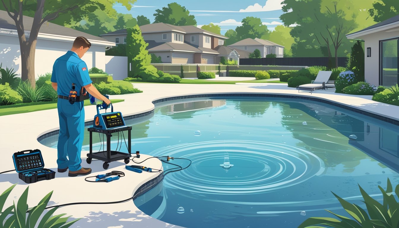 A technician inspecting a swimming pool outdoors with leak detection equipment near residential homes.