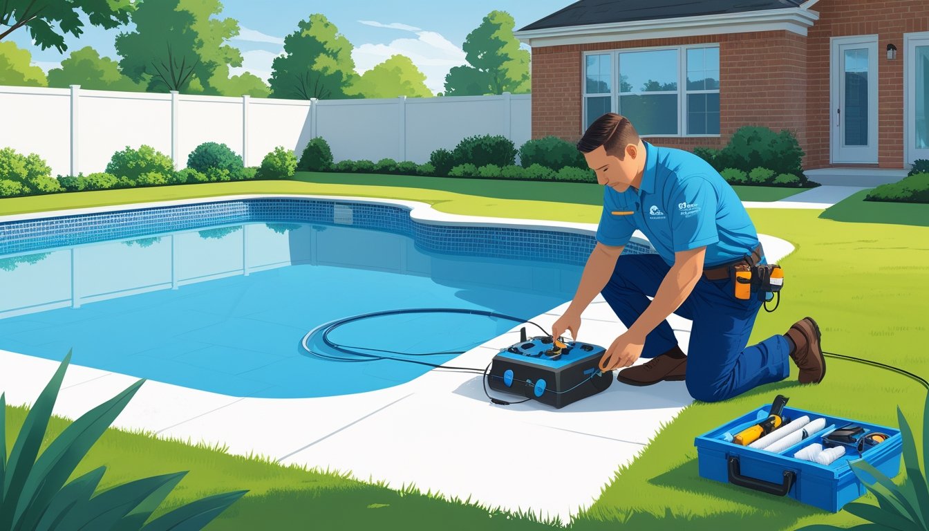 Technician inspecting a swimming pool for leaks in a suburban backyard with tools nearby.