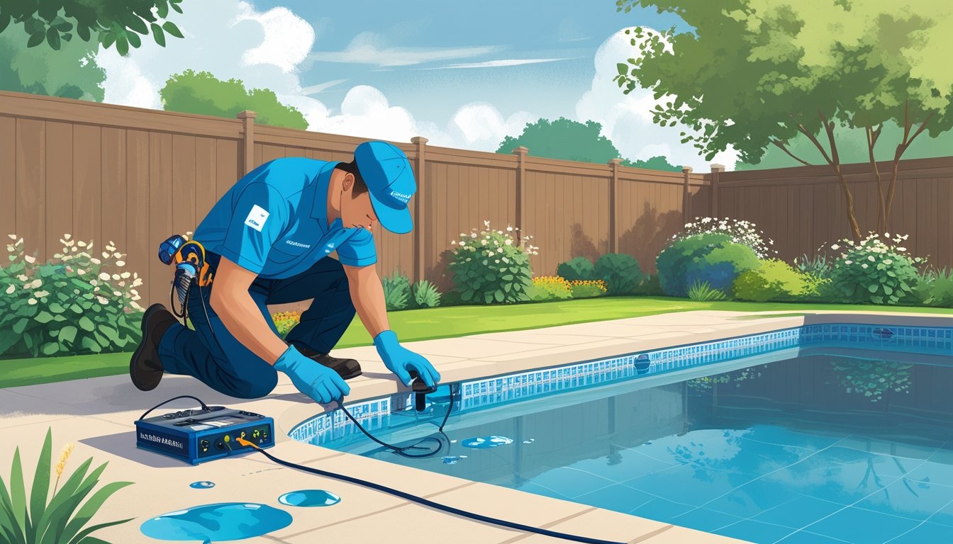 A technician inspecting a residential swimming pool for leaks using specialized equipment in a backyard.
