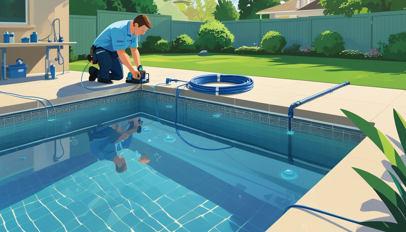 A technician inspecting a residential swimming pool with leak detection equipment in a backyard.