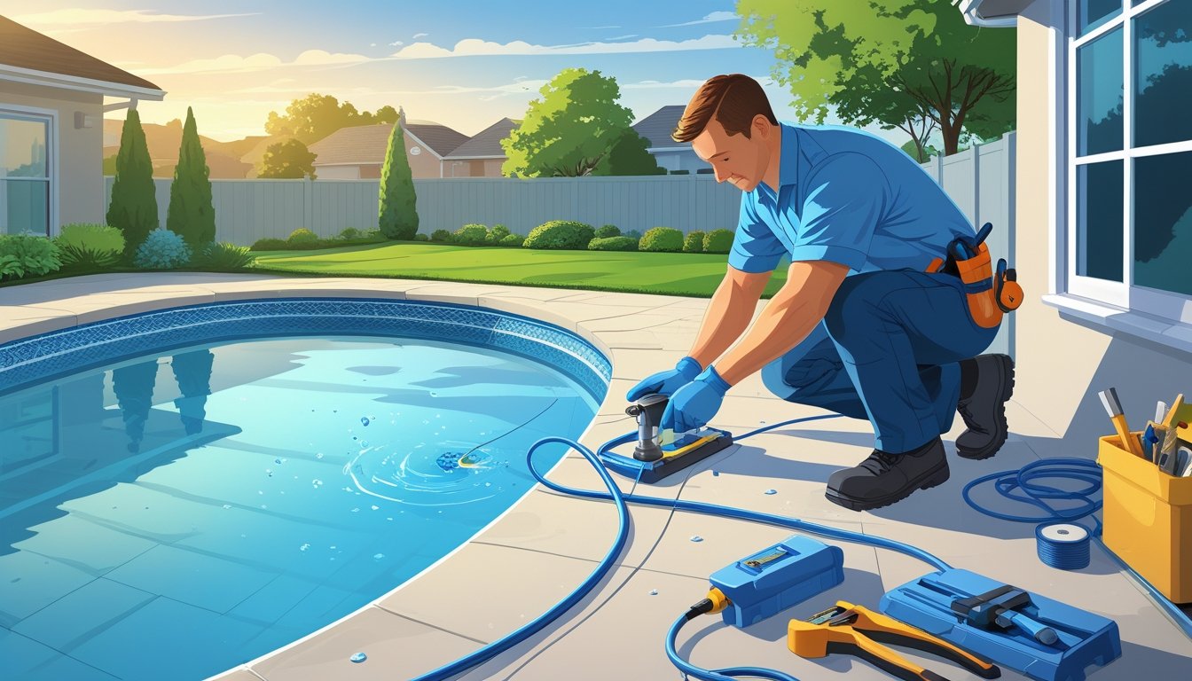A technician inspecting a residential swimming pool with leak detection equipment in a backyard during the morning.