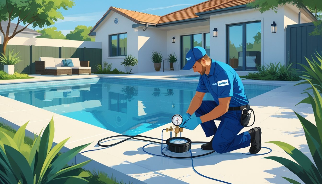 A technician inspecting a residential swimming pool with leak detection equipment in a backyard.