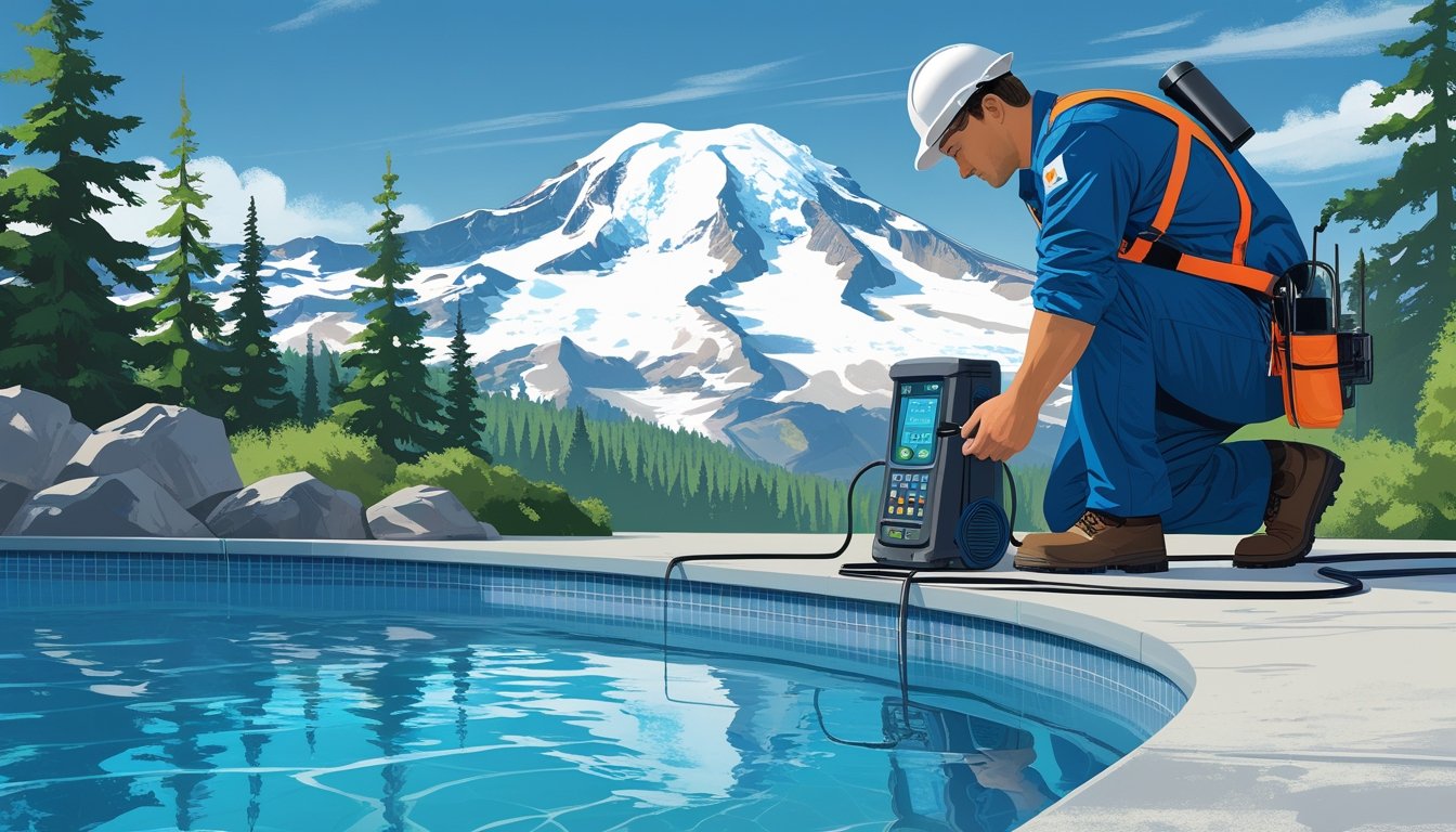 A technician uses leak detection equipment by a swimming pool with Mount Rainier visible in the background.