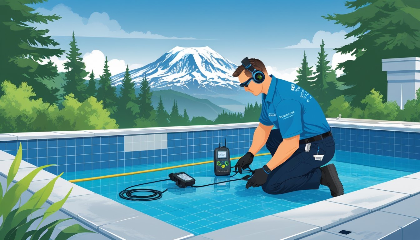A technician using leak detection equipment at a residential swimming pool with Mount Rainier visible in the background.