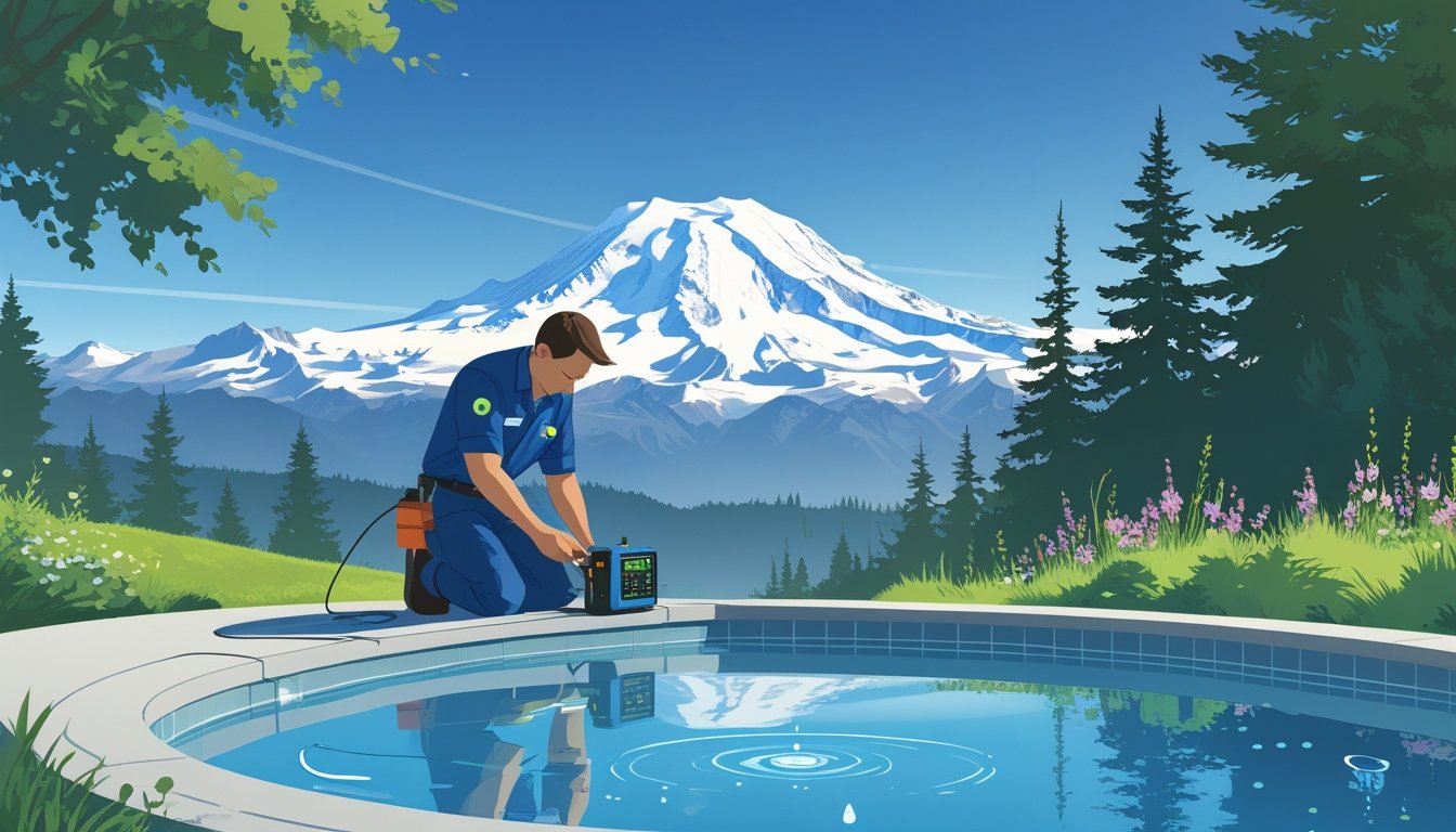 A technician inspecting a clean outdoor swimming pool near Mount Rainier with snow-capped mountains in the background.