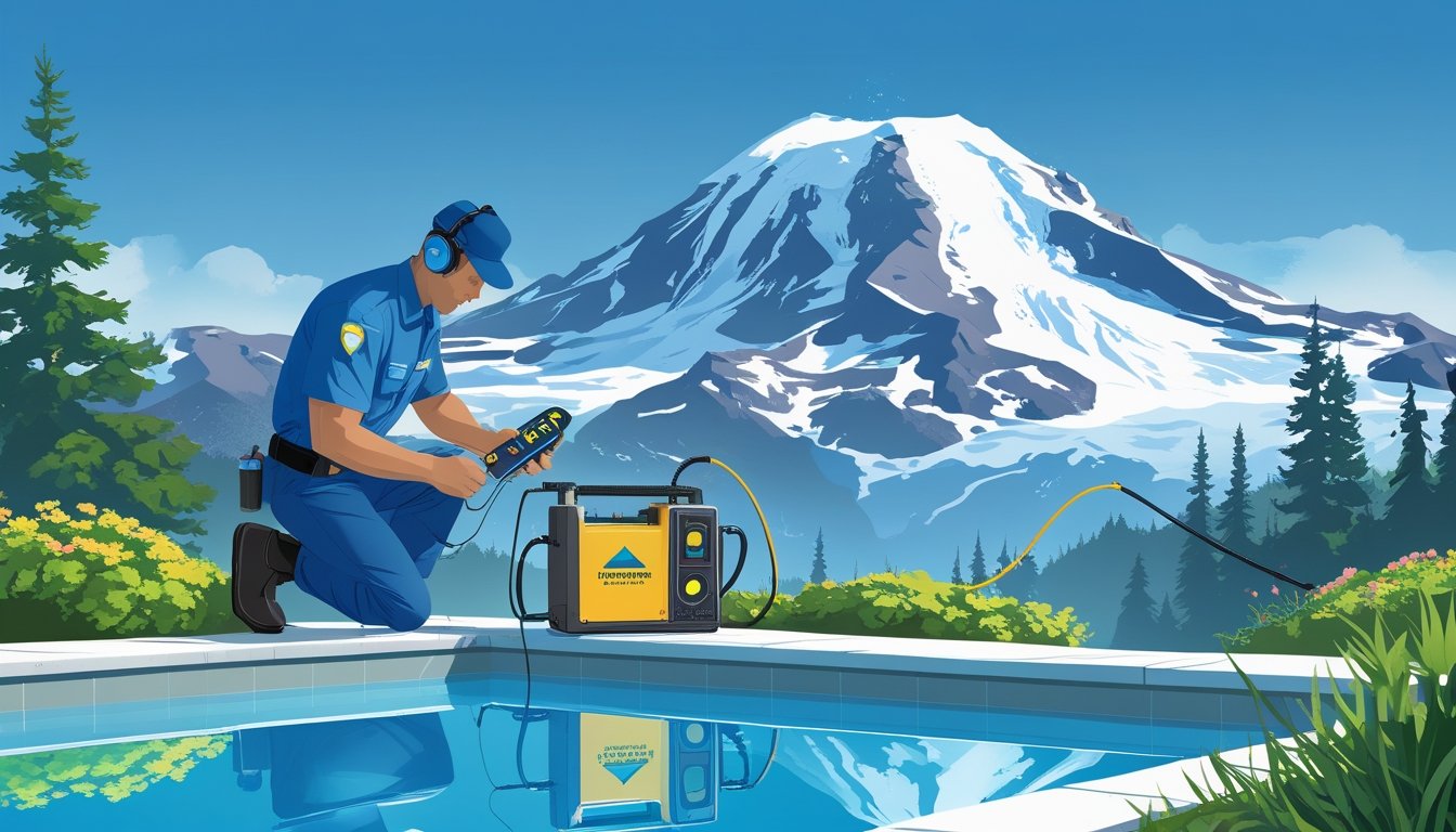 A technician inspecting a swimming pool for leaks near Mount Rainier with the mountain visible in the background.
