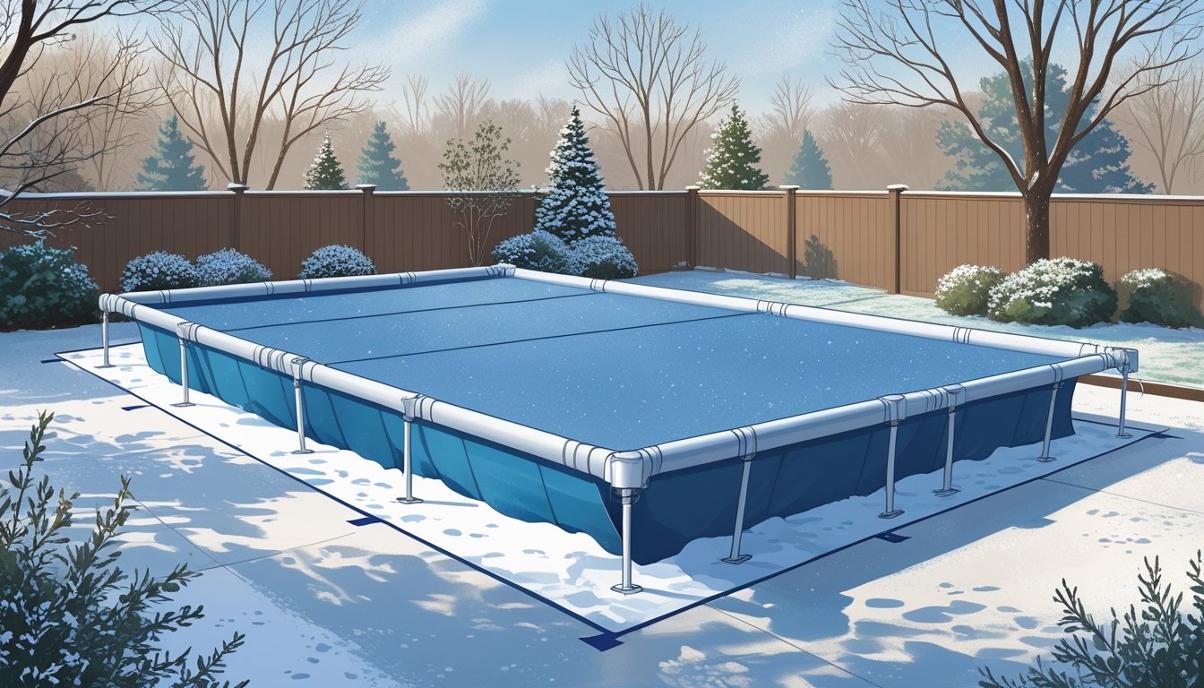 A residential backyard in winter with a swimming pool covered by a secure winter safety pool cover, surrounded by bare trees and light snow.