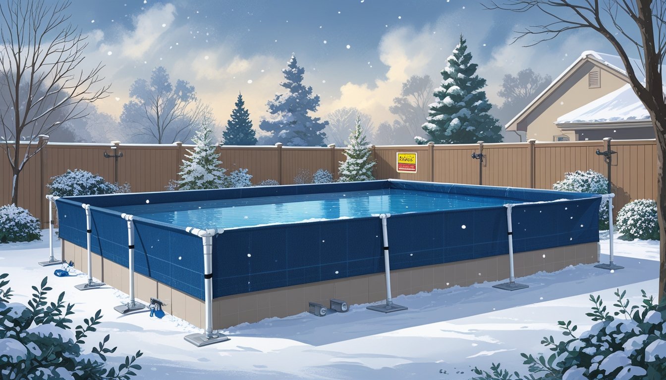 A backyard swimming pool covered securely with a winter pool cover surrounded by snow-covered trees and falling snowflakes.