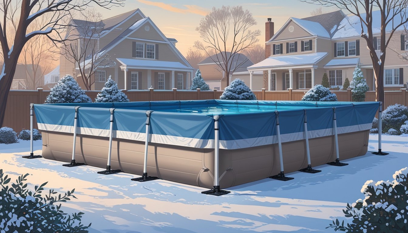 A residential backyard in winter with a swimming pool covered by a secure winter safety pool cover surrounded by snow-covered trees and shrubs.