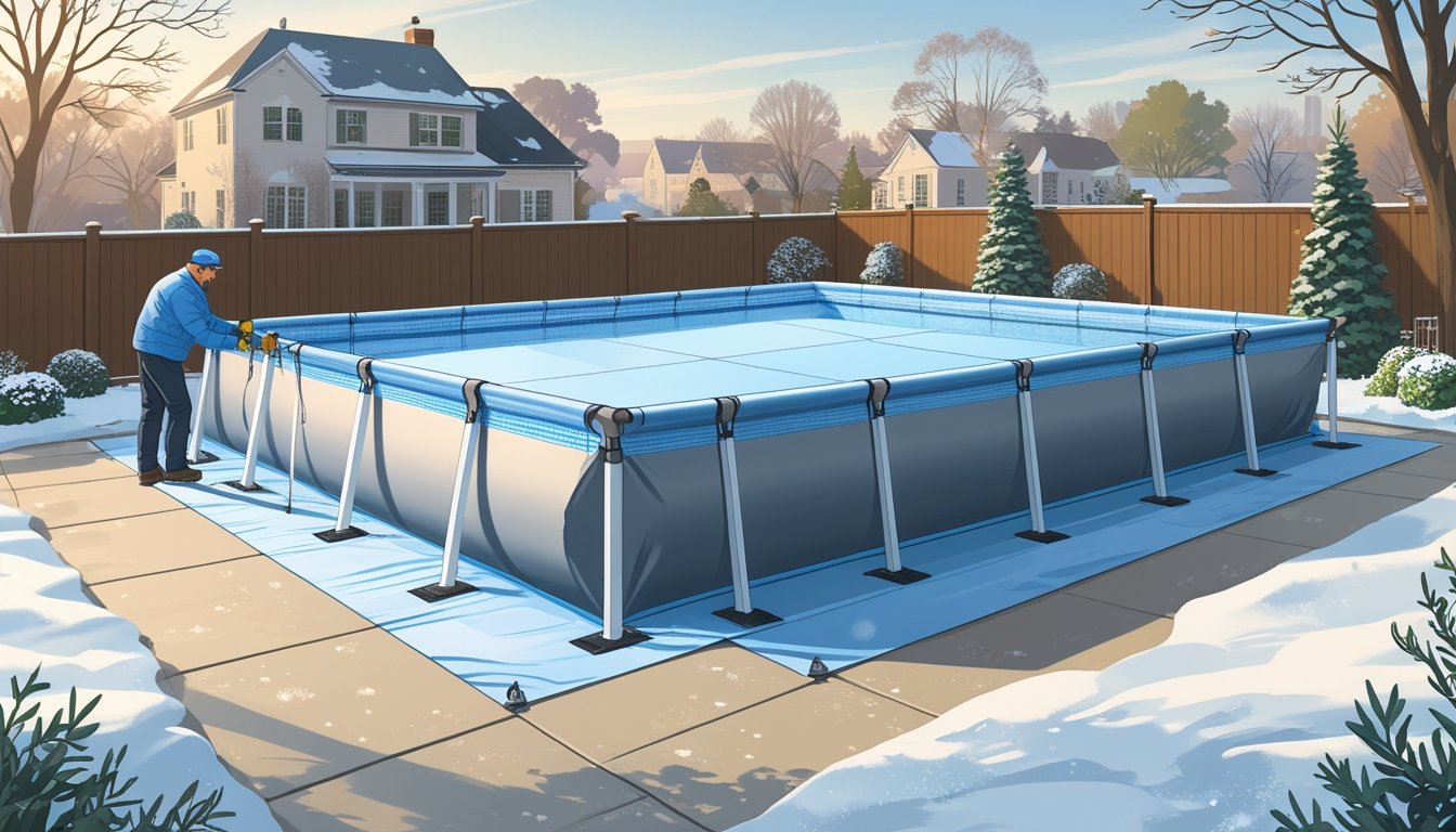 A backyard swimming pool covered with a secure winter safety cover, with a person checking the cover on a snowy patio.