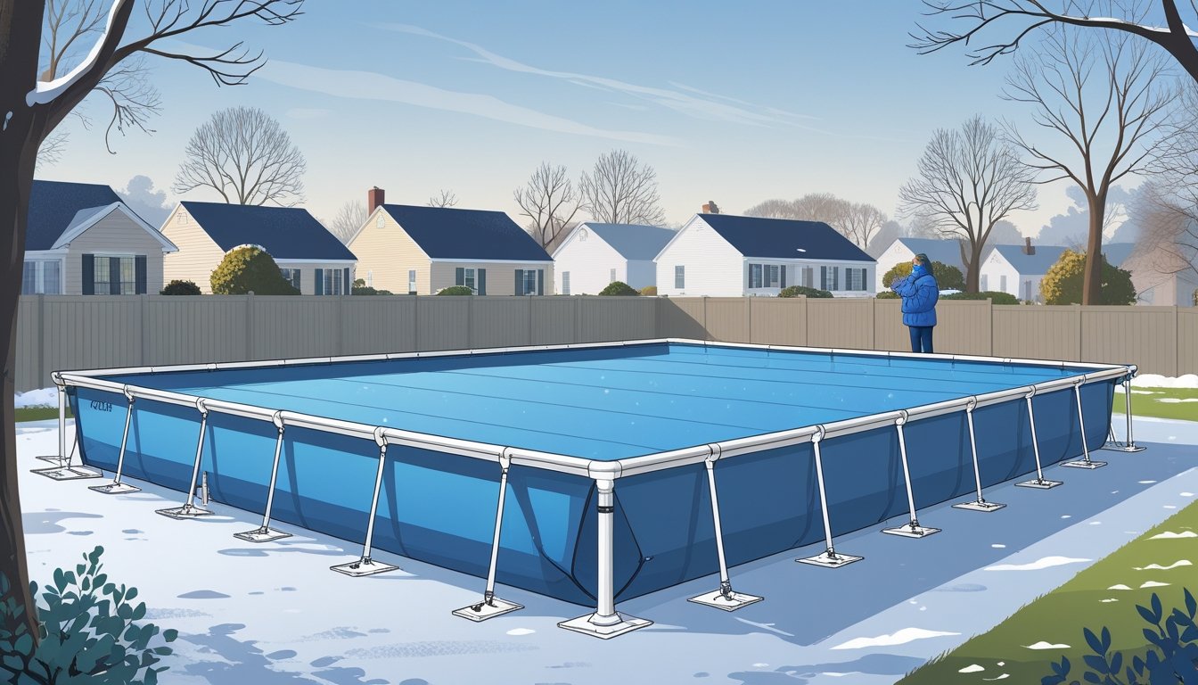 A backyard swimming pool covered with a secure winter safety cover, a person inspecting it, with houses and bare trees in the background during winter.