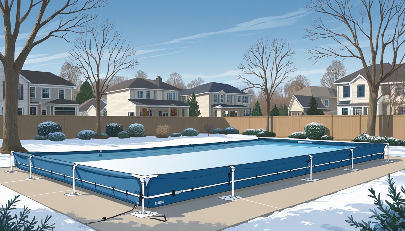 Winter Safety Pool Covers – Woodbridge & Gainesville 1 A backyard swimming pool fully covered with a secure winter safety cover surrounded by bare trees and houses in a winter setting.