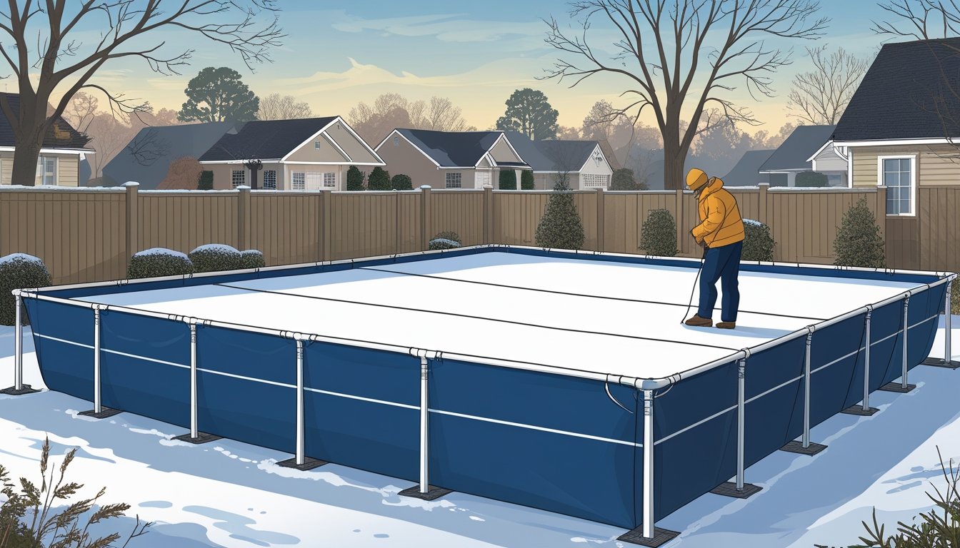 Winter Safety Pool Covers – Woodbridge & Gainesville 3 A backyard swimming pool covered with a secure safety cover during winter, with a person inspecting the cover and bare trees in the background.