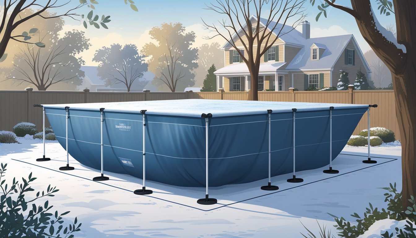 Winter Safety Pool Covers – Woodbridge & Gainesville 4 A backyard with a swimming pool covered by a secure winter safety cover, surrounded by bare trees and light snow, with a house in the background.