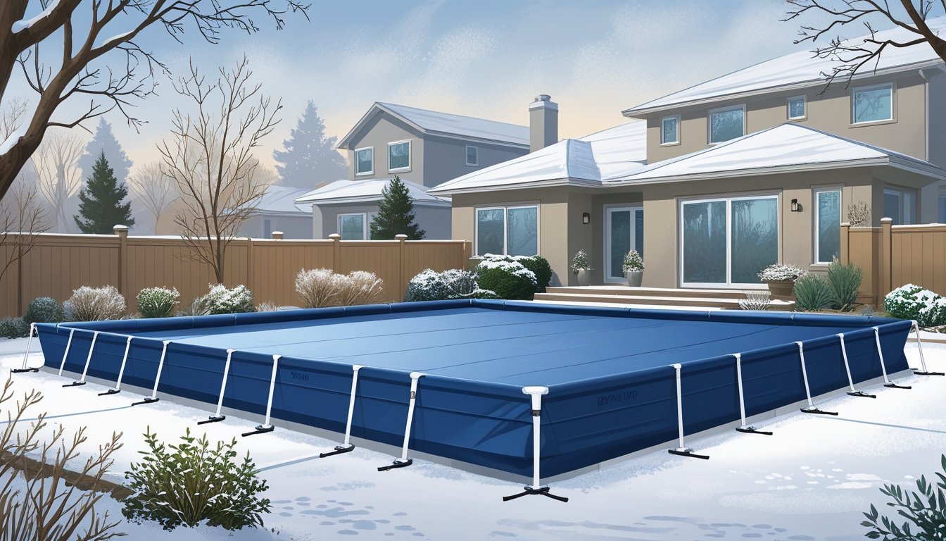 A backyard pool covered with a secure winter safety pool cover surrounded by snow and a suburban house in the background.