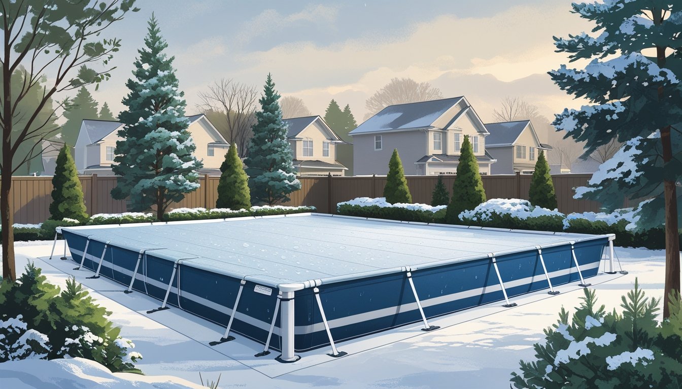 A winter backyard scene showing a swimming pool securely covered with a safety pool cover, surrounded by snow-dusted trees and suburban homes.