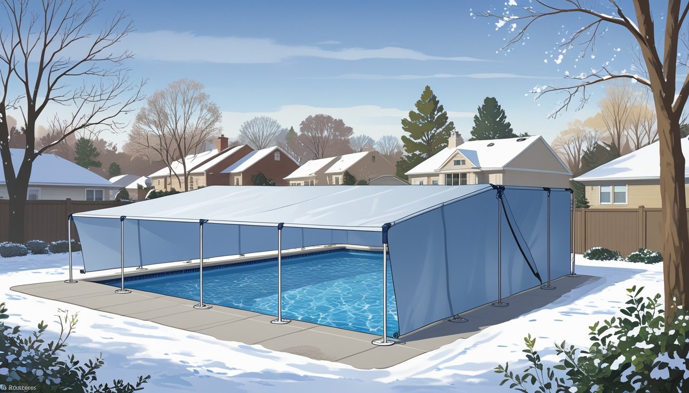 A residential backyard in winter with a swimming pool covered by a secure winter safety pool cover, surrounded by snow and bare trees.