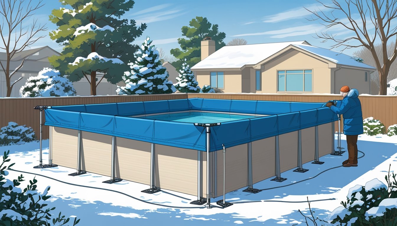 A winter backyard scene showing a covered swimming pool with a person inspecting the safety pool cover surrounded by snow-covered trees and a house in the background.