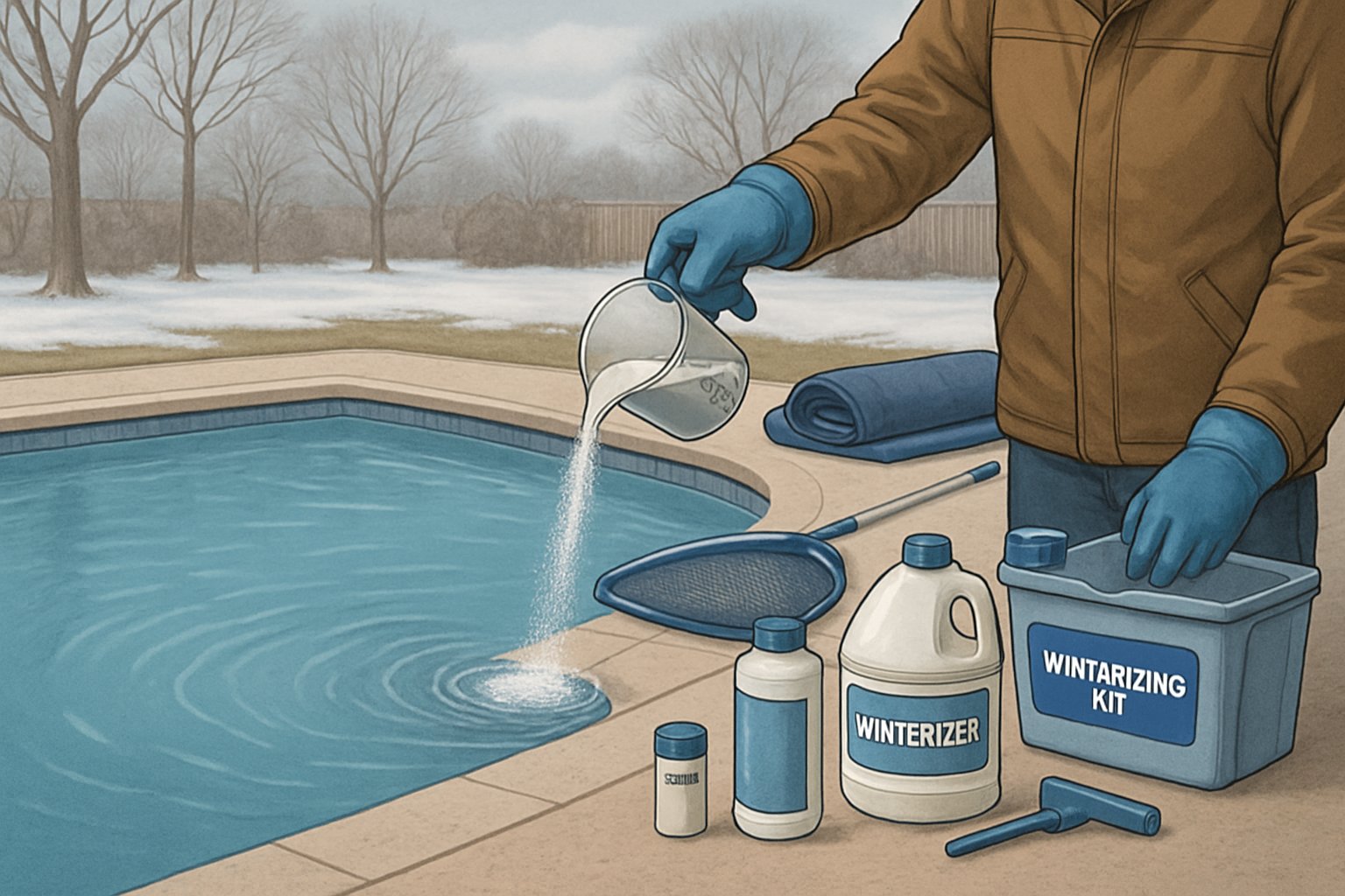 Person applying winter chemicals to an outdoor pool with pool cover and winterizing tools nearby in a backyard during winter.