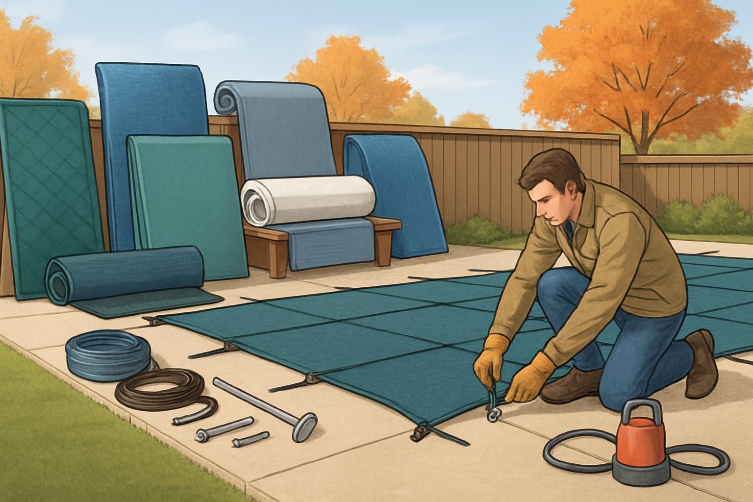 A person securing a pool cover over a backyard swimming pool with straps and anchors, with different types of pool covers and tools nearby.