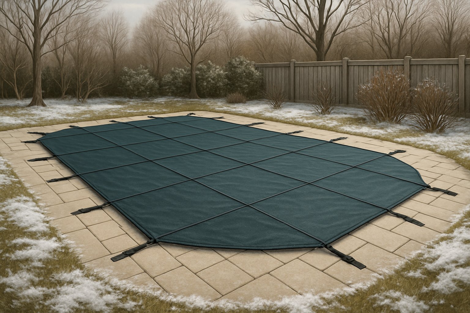 Winter Safety Pool Covers: Essential Protection for Your Swimming Pool 2 A backyard swimming pool securely covered with a winter safety pool cover surrounded by a late autumn or early winter outdoor setting.