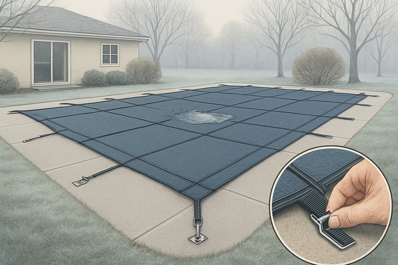 Winter Safety Pool Covers: Essential Protection for Your Swimming Pool 4 A backyard swimming pool covered securely with a winter safety pool cover, showing straps and anchors holding the cover in place, with a close-up of the locking mechanism and winter surroundings.