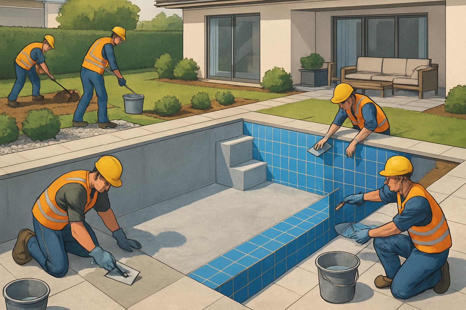 A backyard scene showing workers renovating an inground swimming pool with new tiles and landscaping around it.