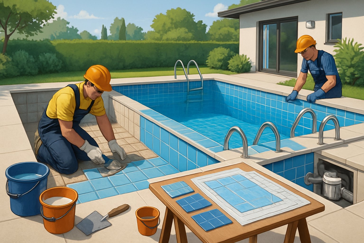 A backyard showing an inground swimming pool being renovated with workers applying new tiles and updating the pool, surrounded by tools and materials.