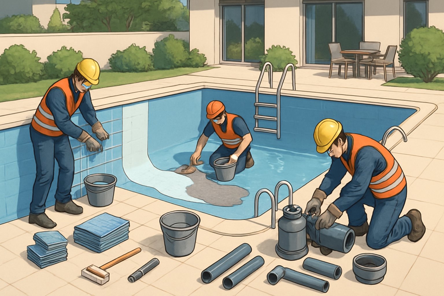 An inground swimming pool undergoing renovation with workers removing tiles, resurfacing the floor, and installing new equipment in a backyard setting.