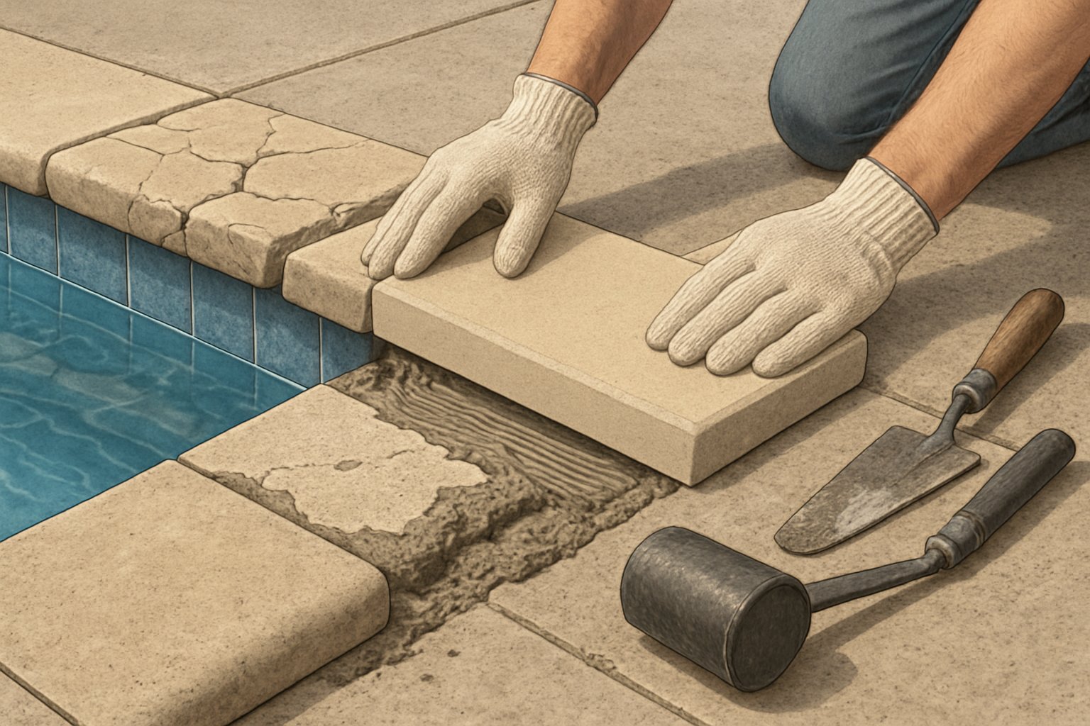 Pool Coping Stone Replacement: Essential Guide for Homeowners 1 Close-up view of a swimming pool edge with new coping stones being installed next to clear blue water.