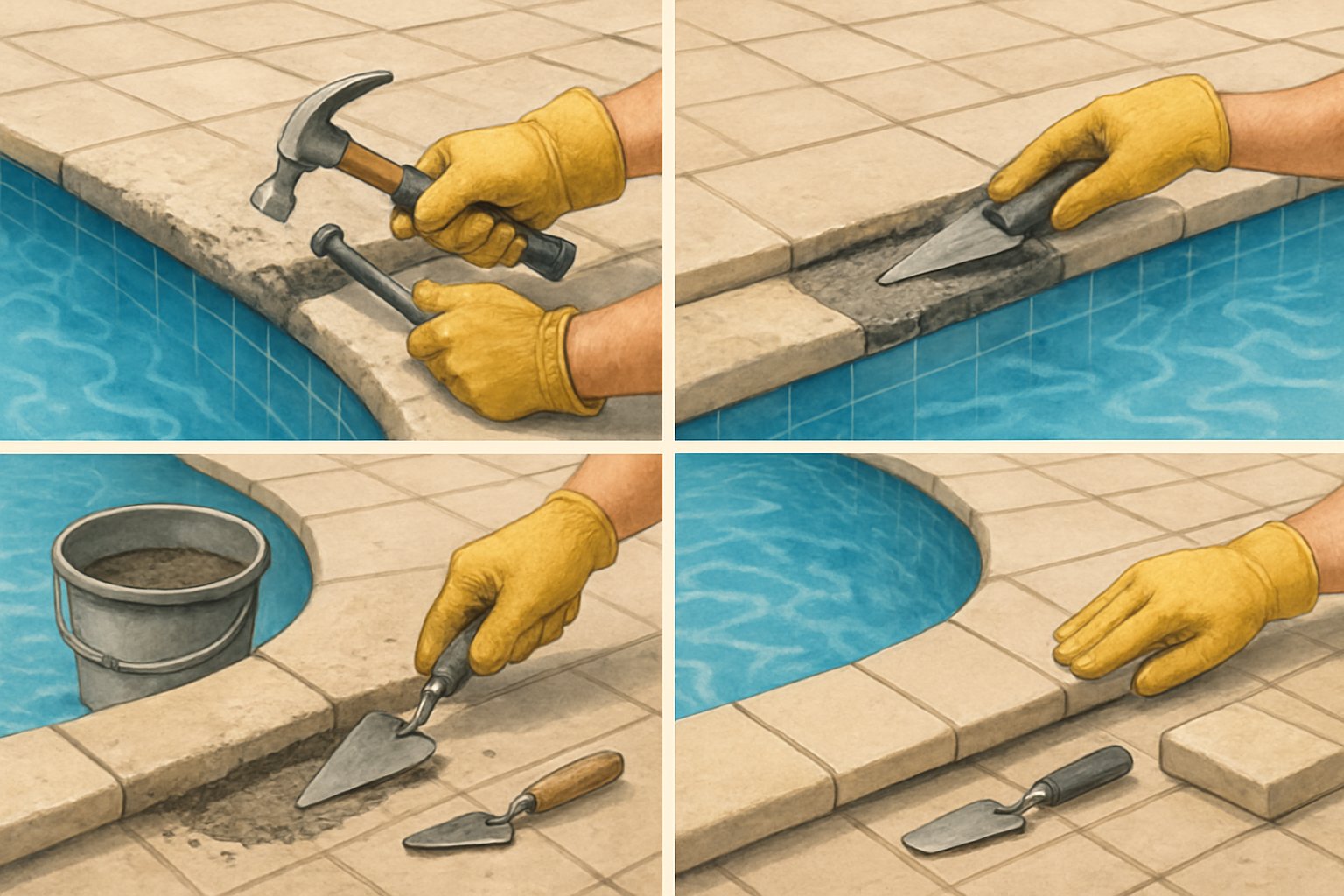 Pool Coping Stone Replacement: Essential Guide for Homeowners 4 A step-by-step illustration showing workers replacing coping stones around a swimming pool, including removing old stones, preparing the surface, applying mortar, placing new stones, and finishing the joints.