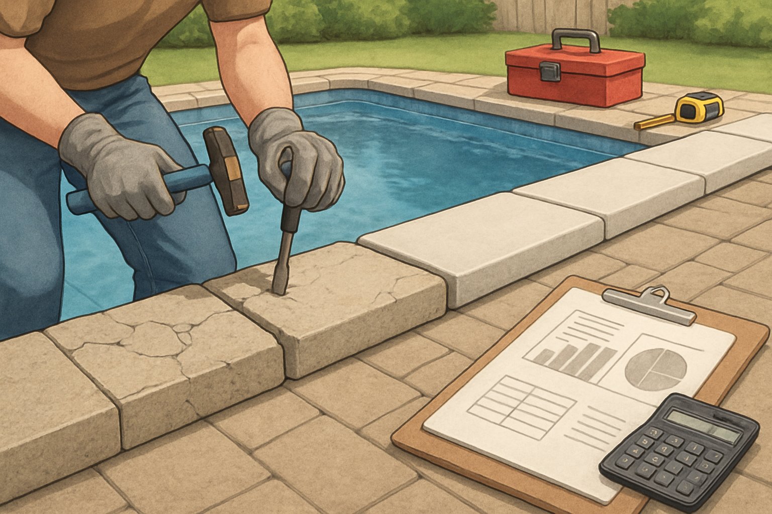 Pool Coping Stone Replacement: Essential Guide for Homeowners 5 A backyard pool edge where old coping stones are being removed and new ones installed, with tools and budget planning materials nearby.