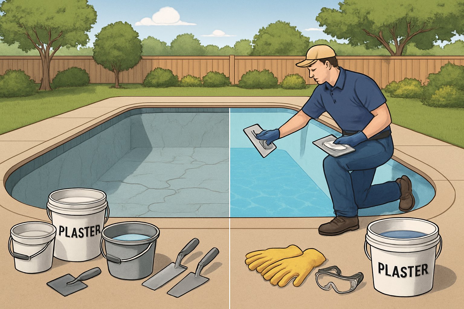A backyard swimming pool showing one side old and cracked and the other side freshly resurfaced with a worker applying plaster and tools nearby.