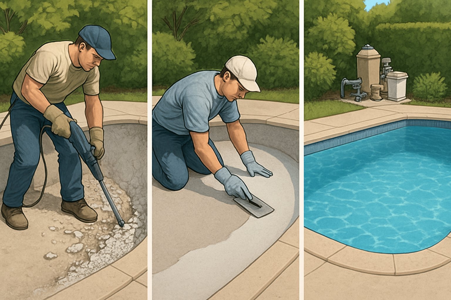 A backyard swimming pool shown in three stages: old surface being removed, fresh plaster being applied, and the finished pool filled with clear water.