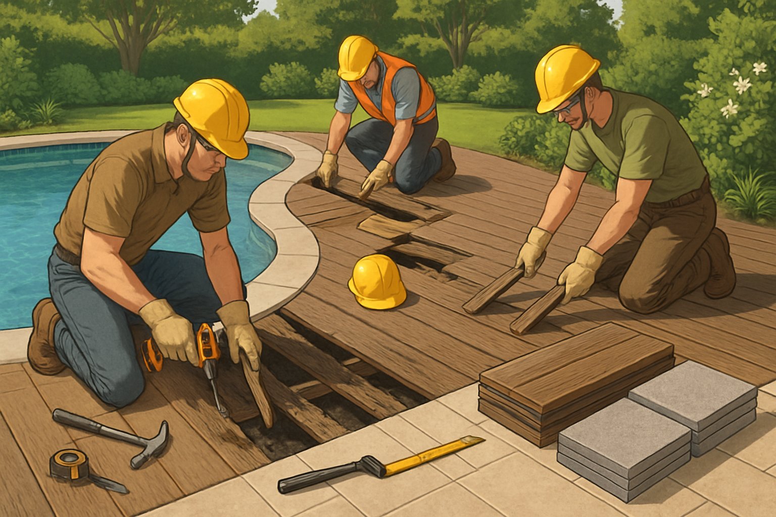 A backyard pool deck being repaired with workers removing old materials and preparing new decking near a clear swimming pool surrounded by plants.