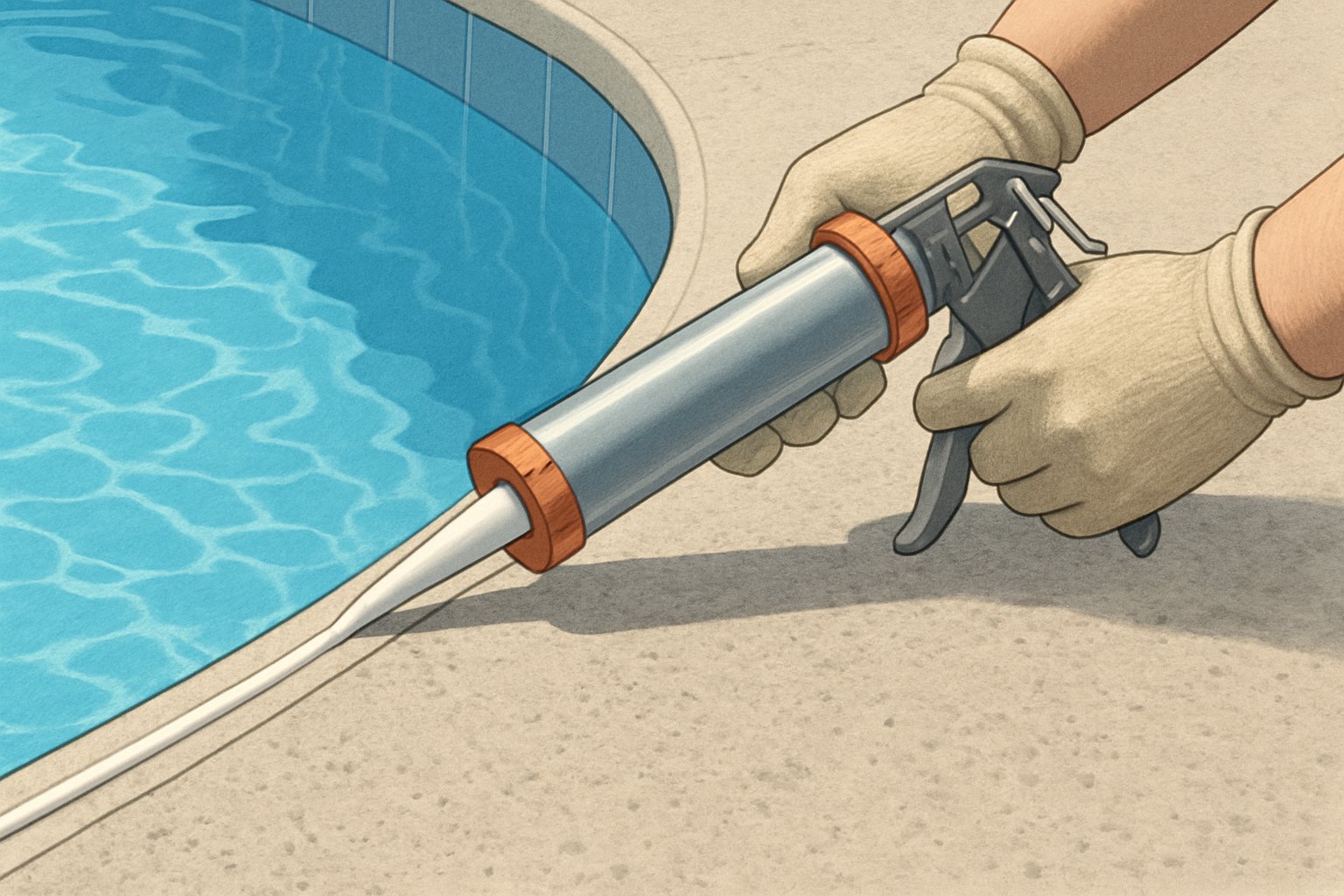 Close-up view of a person applying caulking along the edge where a swimming pool meets the surrounding deck.