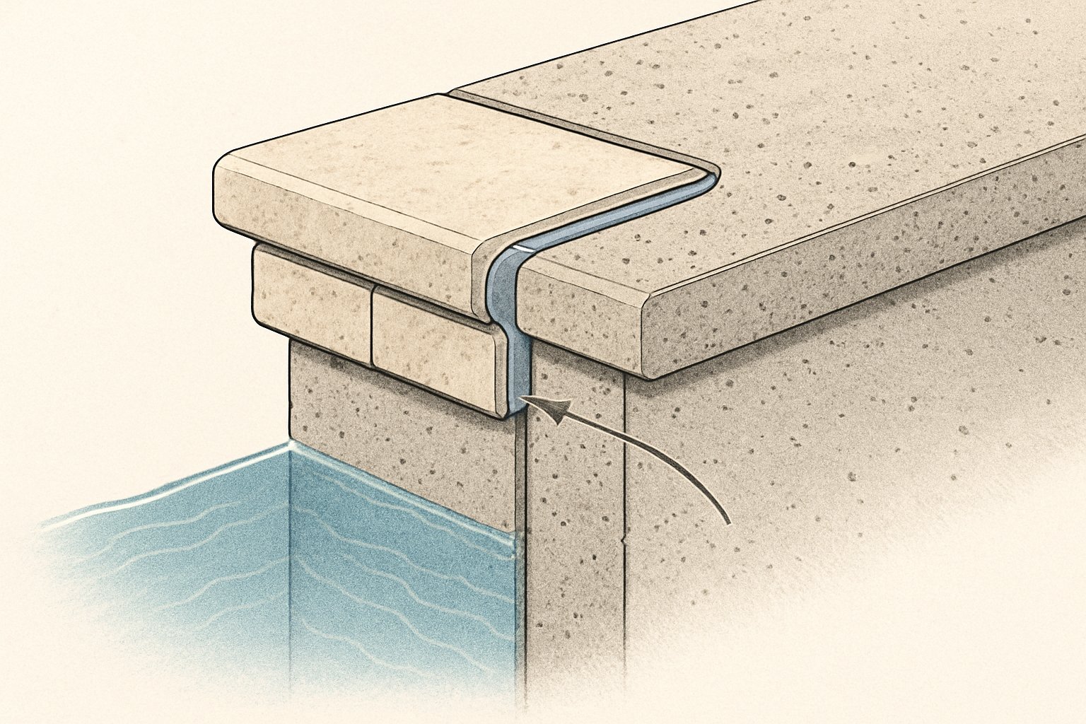Cross-sectional view of a swimming pool edge showing caulking applied between the pool wall and deck to seal the perimeter joint.