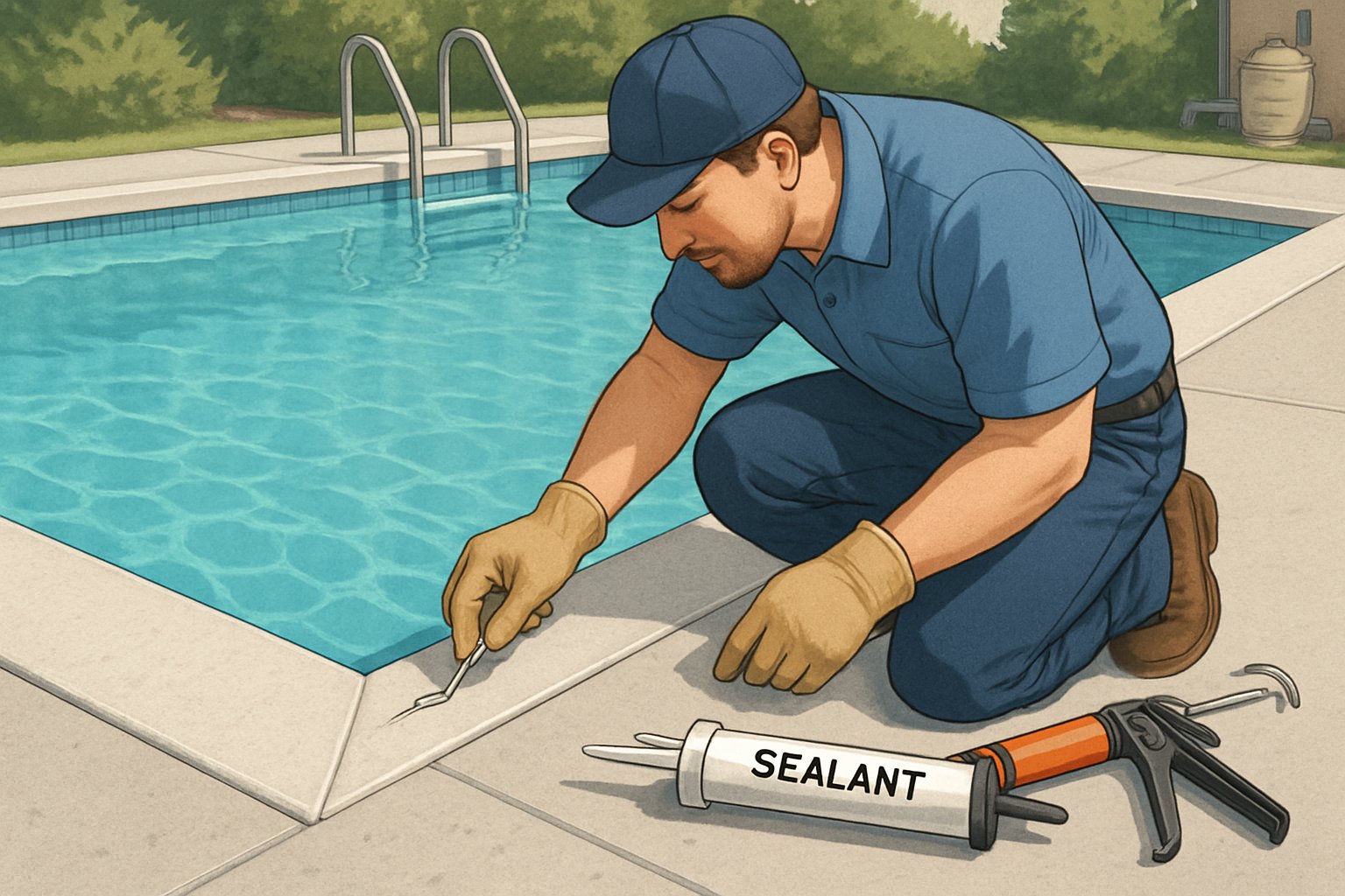 A worker inspecting and maintaining the caulking around the edge of a swimming pool.
