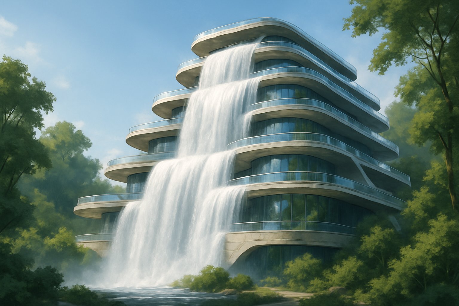 A multi-tiered building with water flowing down each level like waterfalls, surrounded by greenery and mist.