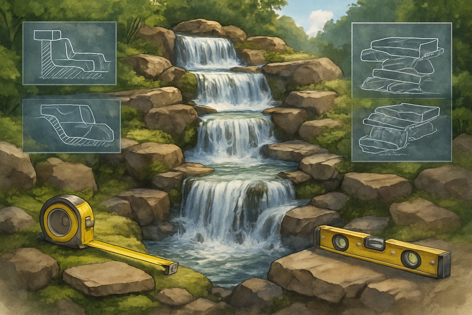 A multi-level waterfall flowing over rocky terrain surrounded by greenery, with construction tools and blueprint elements integrated into the scene.