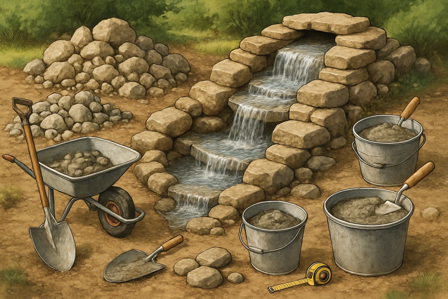 A construction site showing stones, tools, and a partially built waterfall with water flowing over rocks in a natural outdoor setting.
