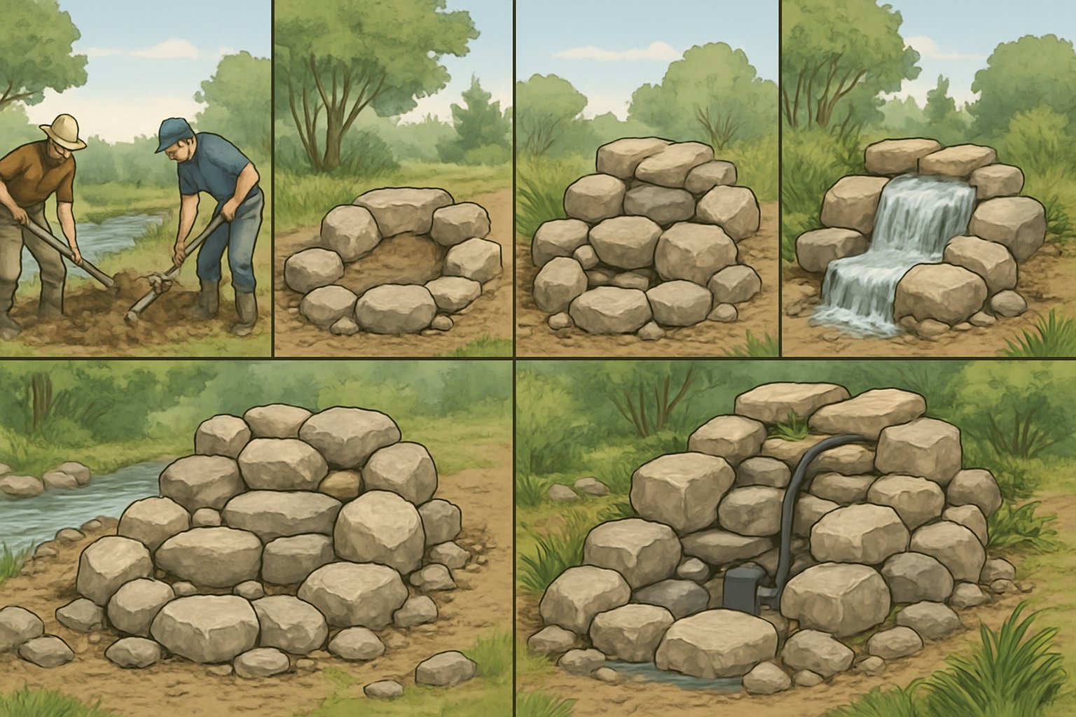 A sequence of images showing the stages of building a waterfall outdoors, from preparing the ground and placing rocks to the finished waterfall with water flowing over rocks into a pool.