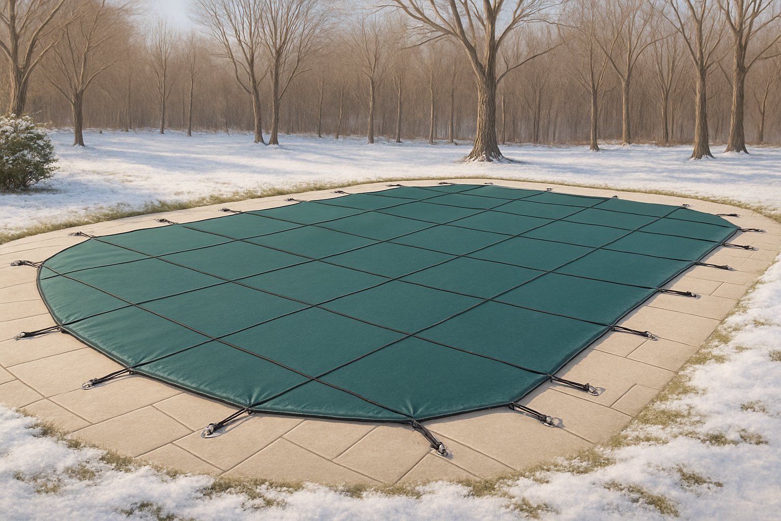 A backyard swimming pool covered securely with a winter safety cover surrounded by a light dusting of snow and bare trees.