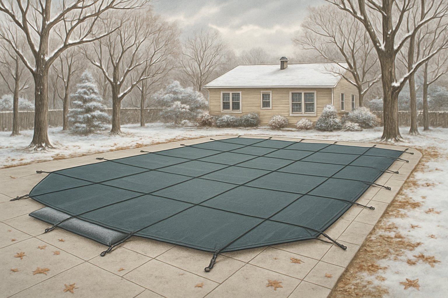 A backyard swimming pool covered securely with a winter safety cover surrounded by bare trees and light snow in a residential area.