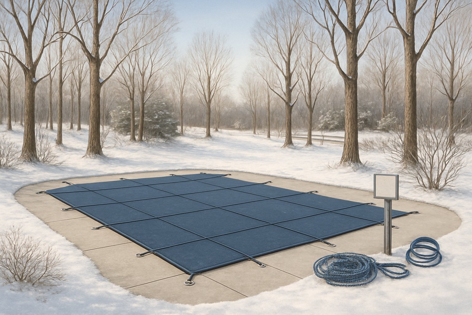A backyard in winter with a swimming pool covered by a secure winter pool cover, surrounded by bare trees and light snow on the ground.