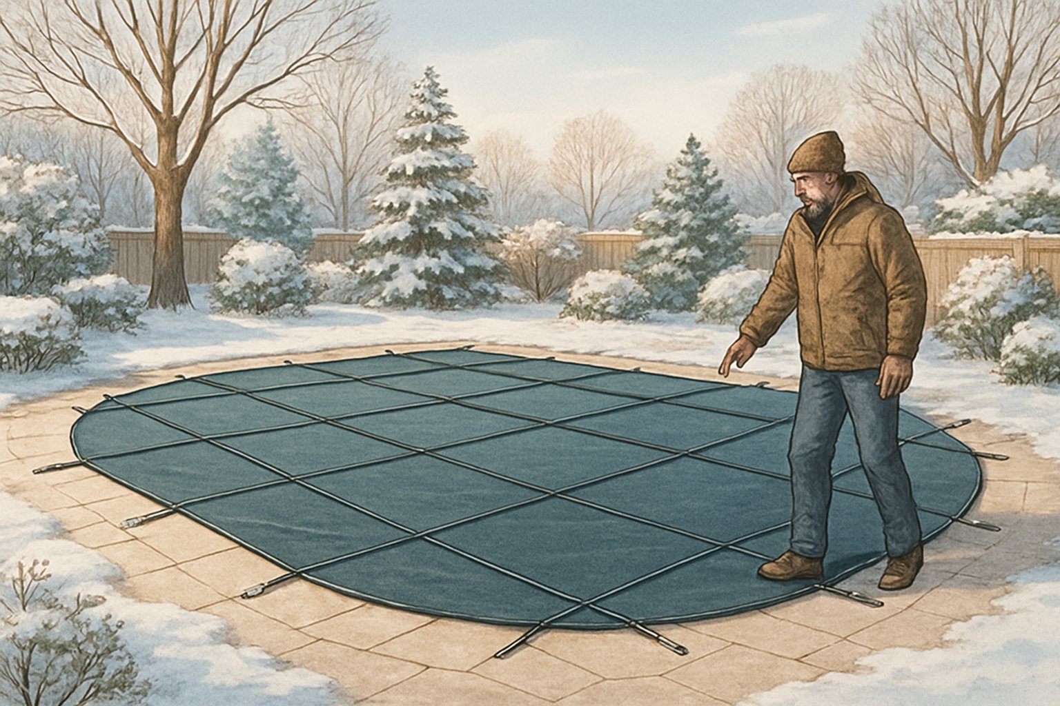 Winter Safety Pool Covers Maryland Essential Tips for Secure and Durable Protection 1 A backyard in winter with a swimming pool covered securely by a safety pool cover, surrounded by snow and trees, with a person inspecting the pool cover.